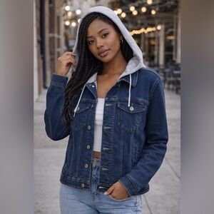 NWTs Women’s Dark Blue Denim Jacket with Builtin Gray Hoodie